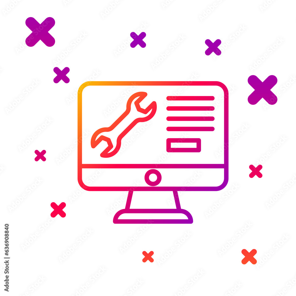 Poster color line computer monitor with wrench icon isolated on white background. adjusting, service, setti