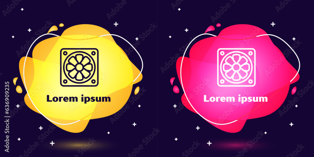 Poster set line computer cooler icon isolated on blue background. pc hardware fan. abstract banner with liq