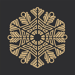 Golden snowflake crystal elegant line christmas decoration on dark background,winter ornament frozen element.
