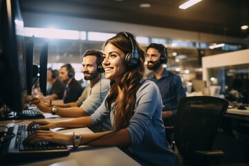 Smiling employee wearing wireless headphones talking on computer hands on keyboard in bright office - obrazy, fototapety, plakaty
