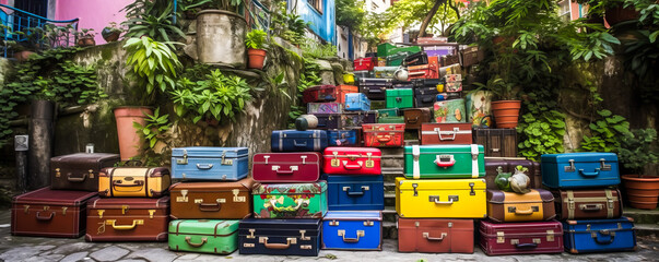Stunning arrangement of modern suitcases and antique trunks in a vibrant Rio de Janeiro street, complemented by lush tropical plants and murals.