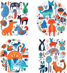 A collection of funny monsters or animals. A set of cute fantasy or fairy tale creatures. Cartoon characters isolated on background. Bright color children vector illustration in flat style