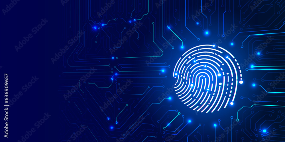 Poster Technology futuristic cyber security with fingerprint scanning on circuit board data communication or transferring concept vector background.
