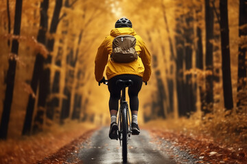 a cyclist rides a bike on a road in an autumn forest with yellow leaves, a view from the back
