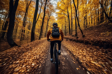 a cyclist rides a bike on a road in an autumn forest with yellow leaves, a view from the back - Powered by Adobe
