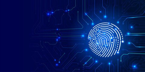 Technology futuristic cyber security with fingerprint scanning on circuit board data communication or transferring concept vector background.