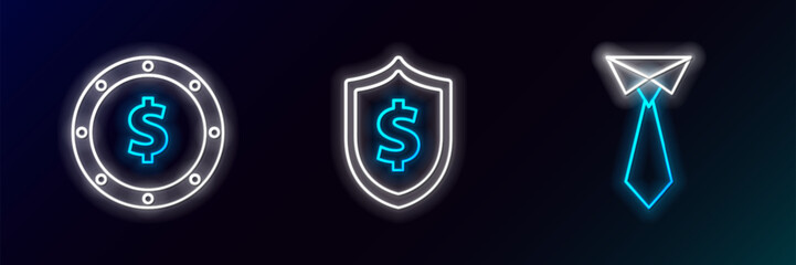 Set line Tie, Coin money with dollar symbol and Shield icon. Glowing neon. Vector