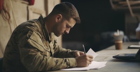Soldier writing a letter amidst war. - obrazy, fototapety, plakaty