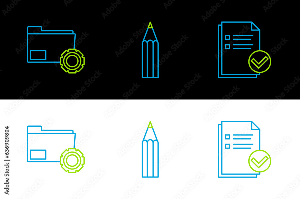 Poster set line document and check mark, folder settings with gears and pencil icon. vector