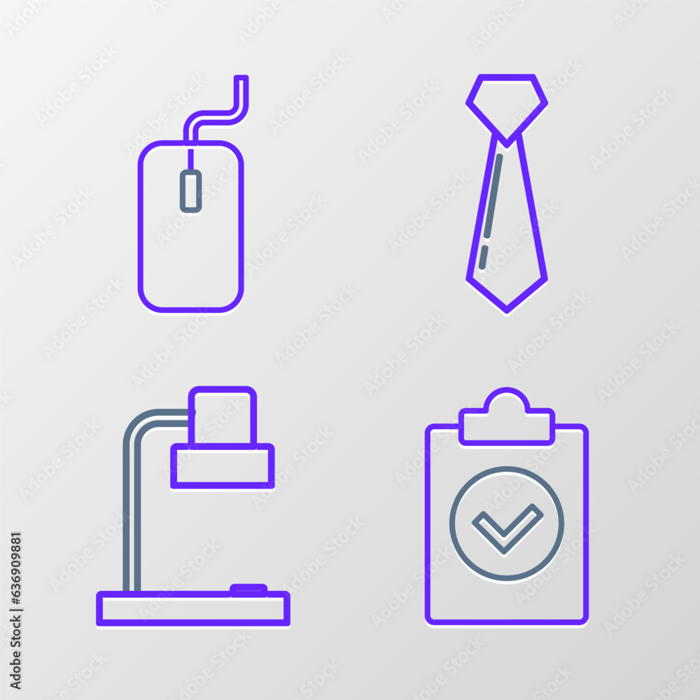 Poster set line completed task, table lamp, tie and computer mouse icon. vector