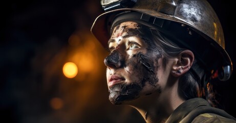 Raw female miner emerges from coal mine depths.
