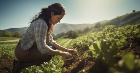 Female farmer inspecting crops at sunrise. - obrazy, fototapety, plakaty