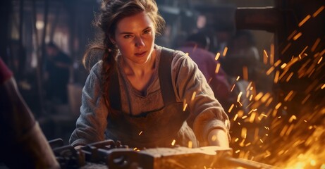 Female blacksmith forging metal, sparks flying. - obrazy, fototapety, plakaty