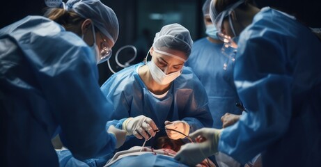 Female surgeon during intense operation. - obrazy, fototapety, plakaty