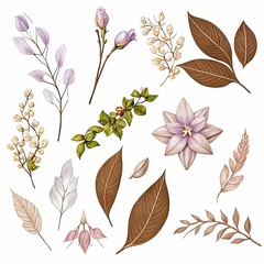 Vector set of separate parts and put together for beautiful flower bouquet in watercolor style on white 