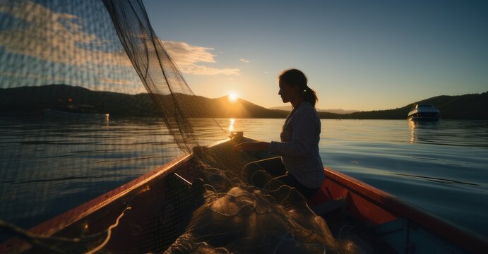 Tranquil female fisherman casts net at dawn from boat.