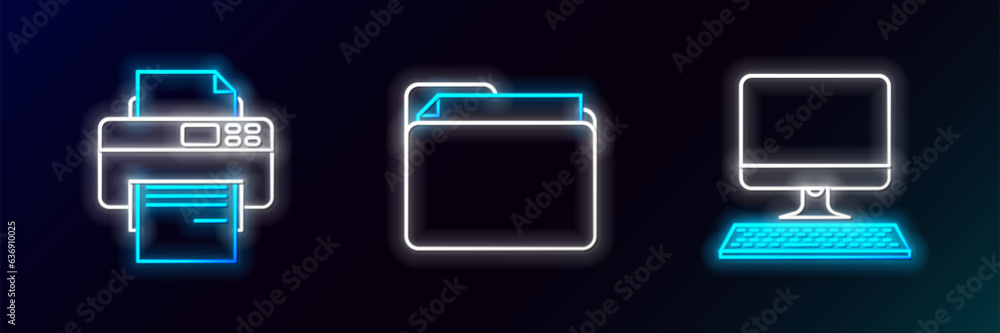 Poster set line computer monitor with keyboard, printer and document folder icon. glowing neon. vector