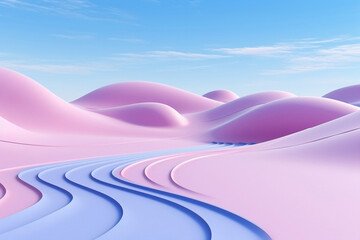 in the middle of pink landscape, there is a road and clouds 3d scene, in the style of futuristic chromatic waves, light violet and beige, smooth curves, realistic blue skies