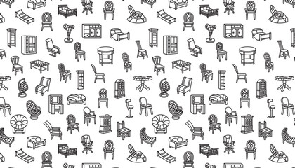 Furniture seamless pattern with black outlines on a white background.