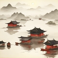 watercolor chinese style illustration painting 