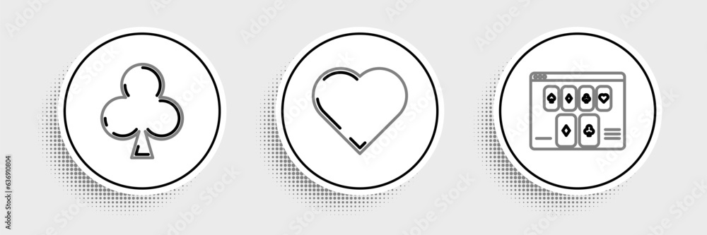 Sticker Set line Online poker table game, Playing card with clubs symbol and heart icon. Vector