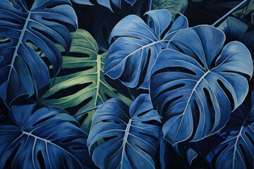Tropical Leaves in Blue Artistic Artwork