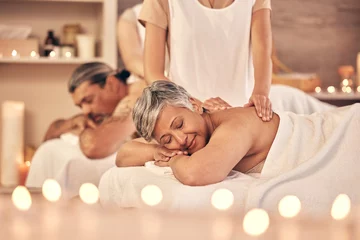 Photo sur Plexiglas Salon de massage Luxury, massage and zen with old couple in spa for vacation, relax and beauty salon. Peace, wellness and holiday with senior woman and man in hotel villa for retirement, oil treatment and body care