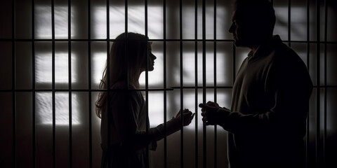 Haunting black and white silhouette of a couple behind prison bars, a compelling symbol of unseen daily domestic manipulation and mental imprisonment.