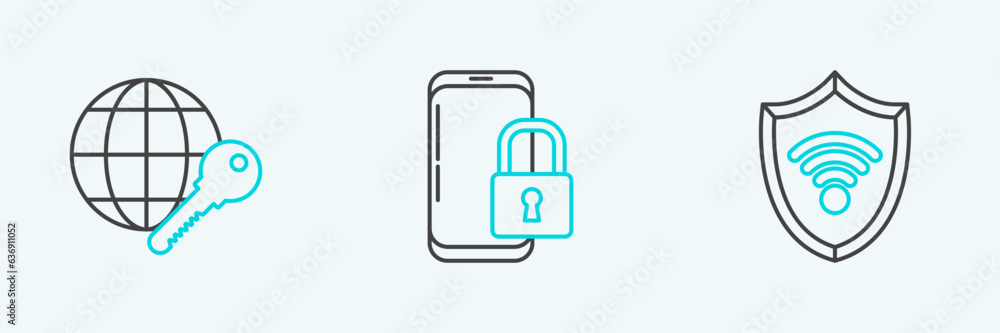 Poster set line shield with wifi wireless internet network, globe key and smartphone closed padlock icon. v