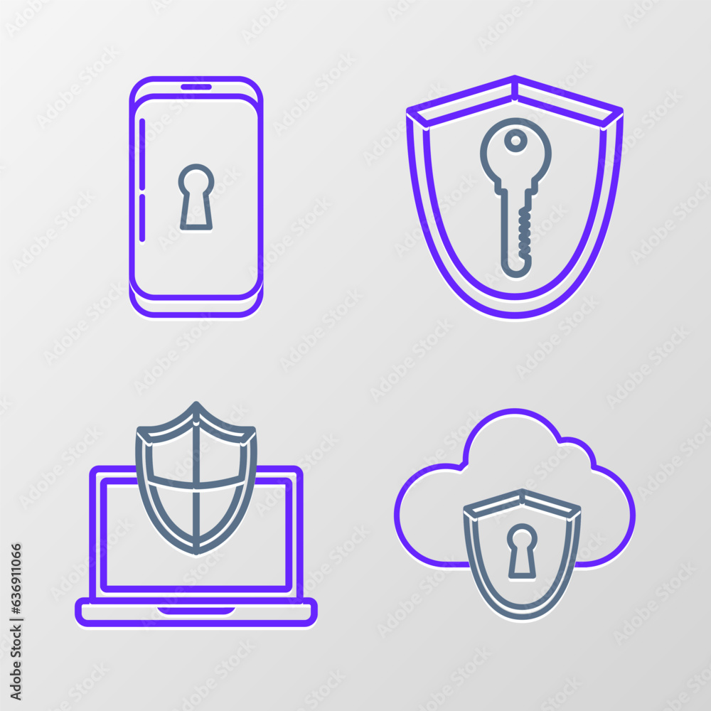 Poster set line cloud and shield, laptop protected with, shield key and smartphone lock icon. vector