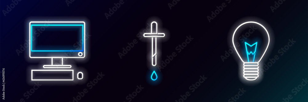 Poster set line light bulb with concept of idea, computer monitor keyboard and mouse and pipette icon. glow