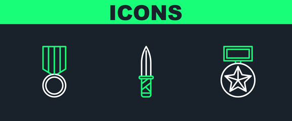Set line Military reward medal, and knife icon. Vector