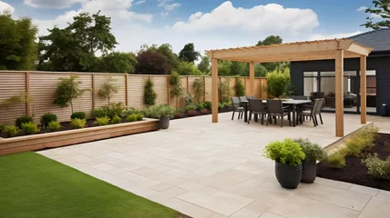 Peel and stick wall murals Garden Rear landscaped gardens of brand new home incorporating raised beds. AI Generative.