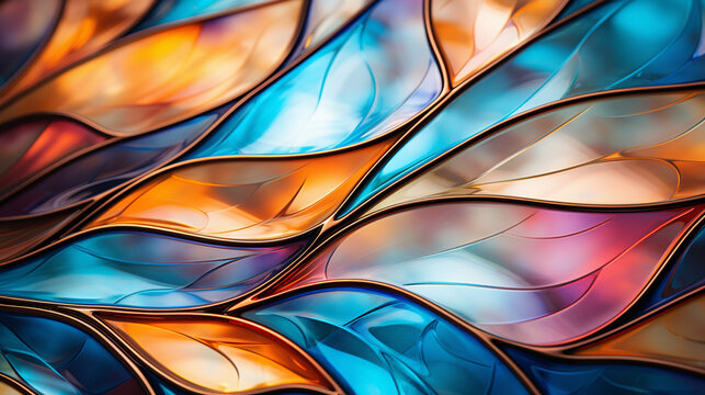 Close-up of a stained glass window showcasing its detailed craftsmanship and vibrant hues, capturing the play of light and colors 