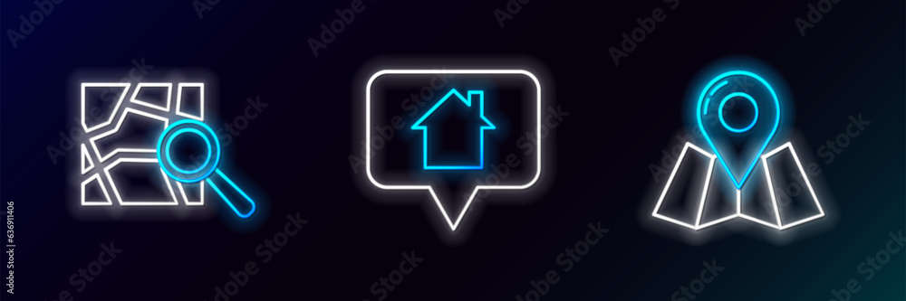 Poster set line folded map with location marker, and map pointer house icon. glowing neon. vector