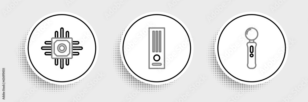 Poster set line gamepad, processor and video game console icon. vector