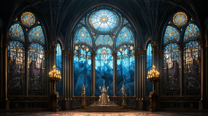 Obraz premium A Renaissance-inspired stained glass window in an opulent palace, featuring regal figures and intricate patterns in a royal setting 