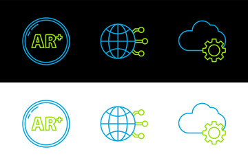 Set line Cloud technology data transfer and storage, Ar, augmented reality and Global social network icon. Vector