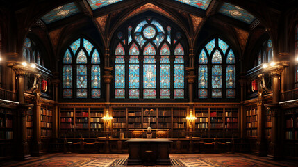A symmetrical stained glass window in a historic library, featuring classical elements and ornate details in a scholarly environment 