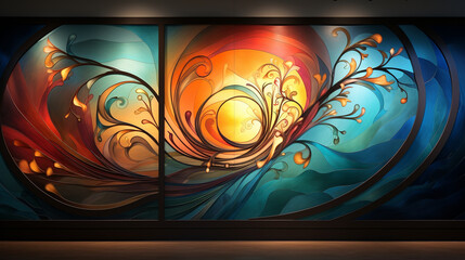 Stained glass window in an art gallery, serving as a contemporary artwork that captures the interplay of light, colors, and emotions 
