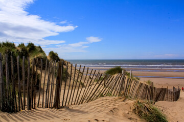 The view of the Formby Beach (Victoria Road Beach) or Formby Dunes in Liverpool, UK at sunny day....