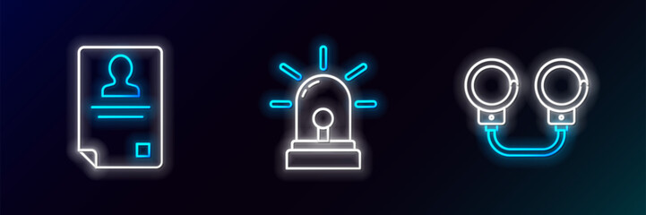 Set line Handcuffs, Identification badge and Flasher siren icon. Glowing neon. Vector