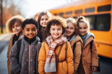 Group of multiethnic school children waiting school bus for going to back to school. Generative Ai