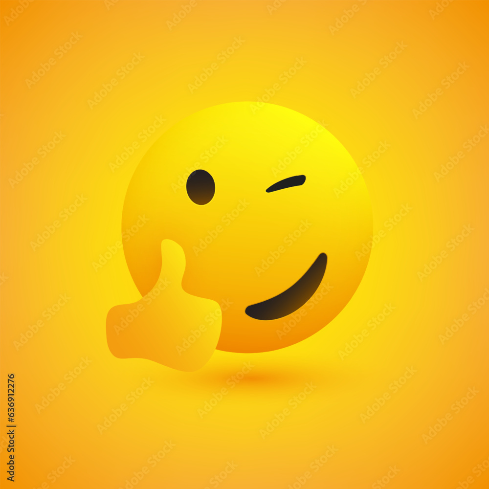Poster smiling and winking emoji showing thumbs up - simple shiny happy emoticon on yellow background - vec