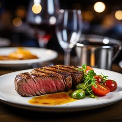 a steak blurred restaurant in the background