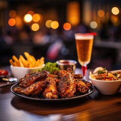 grilled chicken wings with a portion of french fries and a drink blurred restaurant in the background