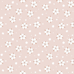 Seamless vector delicate pattern with cotton flowers on a pink background in a flat style. Ideal for print, wrapping paper, wallpaper, fabric, design.