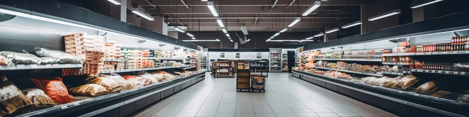 Deurstickers Inviting panoramic view of an empty supermarket aisle, devoid of customers - a poignant echo of tranquil solitude. © XaMaps