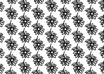 Black drawing line of seamless floral pattern, design for fabrics print or wallpaper, hand drawing vector, Isolated floral elements, daisy, aster, chrysanthemum. Line childish drawings