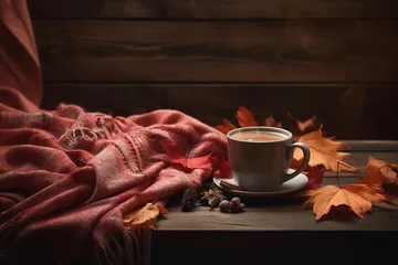 Fotobehang Autumn morning coffee. A cup of coffee on a wooden table against the background of autumn leaves. Still life concept. generative ai. © inna717